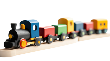 Colorful wooden toy train on a curved track for children's playtime activity