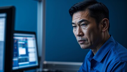 A middle aged Southeast Asian man troubleshooting a server in IT gear in a server room in closeup portrait on a plain steel gray background