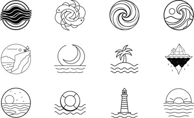 Ocean Waves, Coastal Icons, Minimalist Line Art Designs