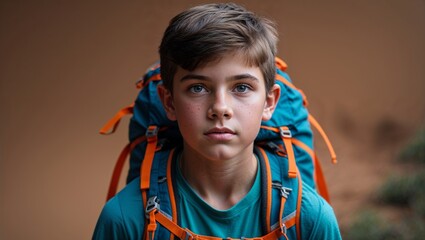 A teenage boy hiking in a backpack on a trail in closeup portrait on a plain earthy brown background