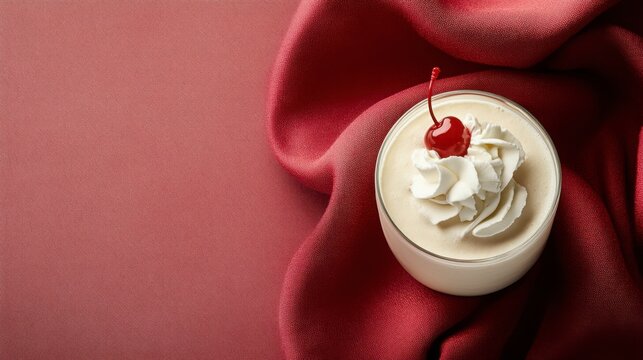 Vanilla Milkshake with Whipped Cream and Cherry on Red Backgrounds Design Photography Food Styling Inspiration Top View Shot of Delicious Dessert Beverage Closeup Visual Display of Creamy and Sweet