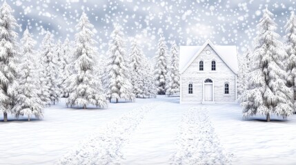 Snowy Mansion in a Winter Wonderland Forest - Serene winter scene, snowy forest path leading to a cozy white house. Symbolizes peace, tranquility, solitude, winter charm, and home