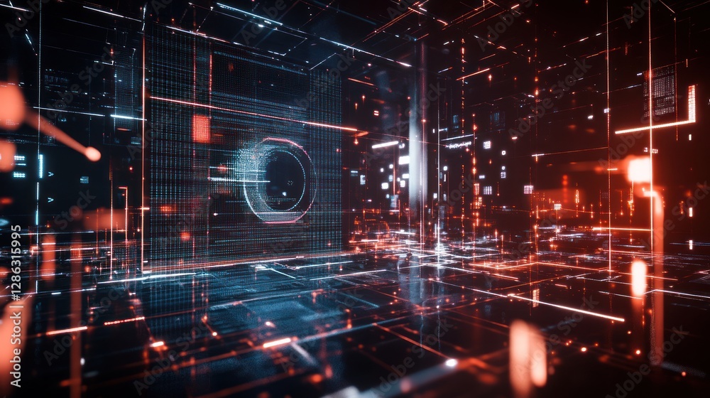 Poster futuristic digital environment with glowing lines and patterns, showcasing a high-tech space