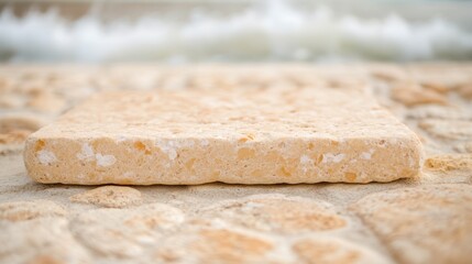 A piece of bread rests on the sandy beach beside the ocean, highlighting the contrast between food and nature's beauty.