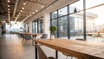 A wooden tabletop, with its sharp focus on the grain, contrasts with the blurred modern office background, featuring large windows and a cityscape view