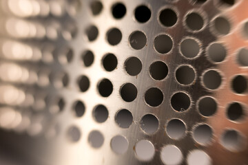 Perforated metal close-up. Metal texture, holes pattern. Abstract detail, industrial feel. Macro shot, blurred background.