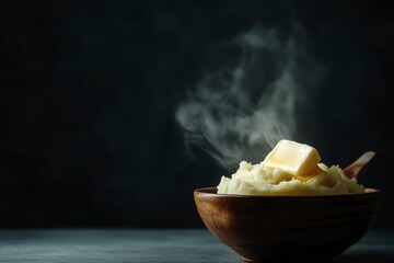 Warm Creamy Mashed Potatoes Topped with Butter in Rustic Wooden Bowl with Dark Backgrounds and Low Key Lighting. It is served as a side dish. This photo was taken with a close up view and food