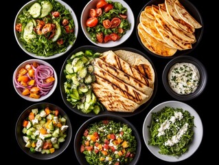 Healthy grilled chicken with fresh vegetable salads and creamy dressing in black bowls arranged for balanced nutrition and gourmet meal preparation in a restaurant setting
