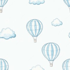 Naklejka premium A whimsical pattern featuring hot air balloons and fluffy clouds in soft pastel colors.