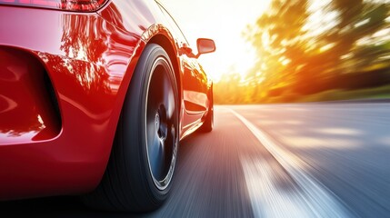 A red car speeds along a scenic road, showcasing its sleek design and vibrant color against a backdrop of nature.