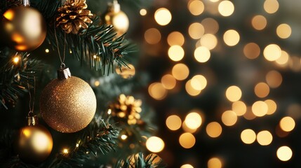 A beautifully decorated Christmas tree adorned with a shimmering gold ornament, capturing the festive spirit of the holiday season.