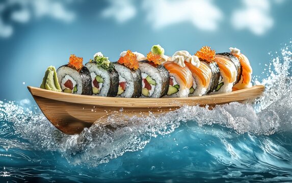 Flying sushi boat with assorted rolls on a wave blue background
