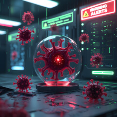 Set within a moody cyberpunk lab, the environment pulses with neon-green warning alerts flashing across futuristic monitors. 