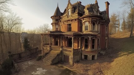 Sunbeams Grace Abandoned Mansion's Grandeur - An abandoned mansion bathed in golden sunlight, symbolizing lost glory, time's passage, nature's reclamation, decay's beauty, and enduring architecture