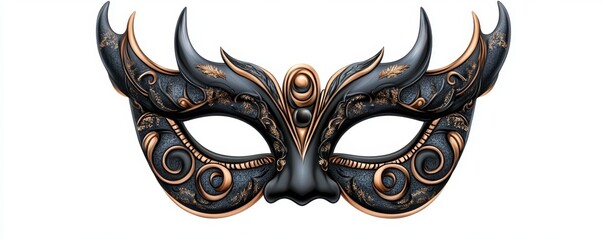 Intricate black and gold masquerade mask with ornate detailing and pointed accents against a white background. Elegant and mysterious design