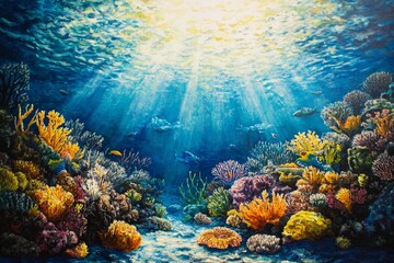 Obraz premium Sunlit Underwater Coral Reef Garden - Vibrant coral reef teeming with life, sunbeams filtering through the water, showcasing a tranquil underwater paradise, symbolizing peace, beauty, biodiversity