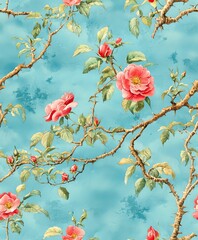 Beautiful floral pattern featuring vibrant pink roses against a serene blue backdrop.