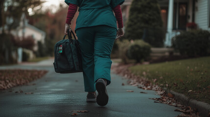 Healthcare professional carrying medical bag on residential street, providing essential care and support in the community, symbolizing dedication and service in healthcare.
