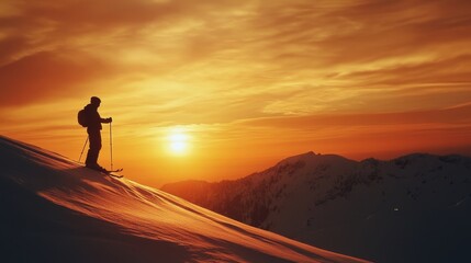 Obraz premium Sunset Skier on Mountain Peak - Silhouette of a skier at sunset on a snow-covered mountain peak. Symbolizing adventure, freedom, solitude, achievement, and winter sports