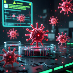 Set within a moody cyberpunk lab, the environment pulses with neon-green warning alerts flashing across futuristic monitors. 