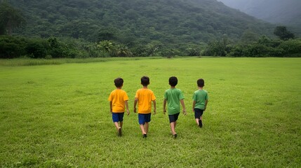 Naklejka premium Children Playing Football in Lush Green Outdoor Playground