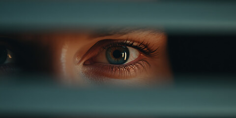Intense Gaze: A close-up of a person's eye peering through blinds, evoking mystery and intrigue.