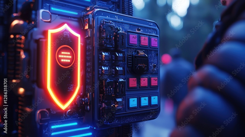 Poster futuristic control panel illuminated with neon lights in a bustling tech environment