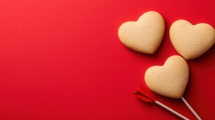 Obraz premium Three heart shaped cookies on a red background, one pierced by a small red arrow. Romantic, Valentine's Day theme