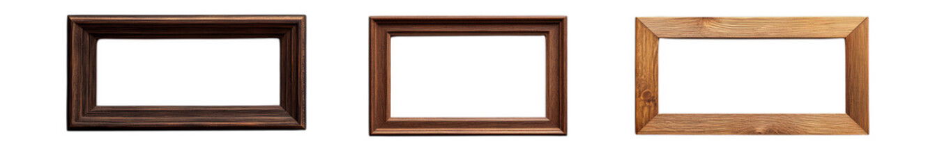 Set of three empty rectangular wooden frames on transparent background