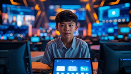 A teenage Southeast Asian boy running IT support for a virtual conference event