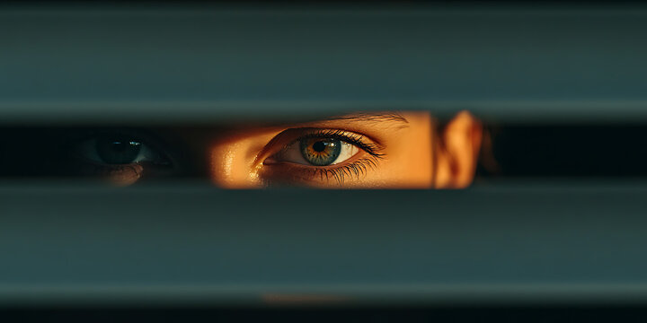 Peering through blinds, a captivating gaze. Intense eyes catch the light, creating a mysterious and intriguing atmosphere. Observation, suspenseful view.