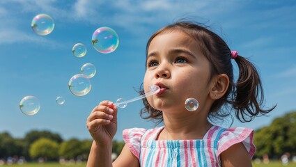 A toddler girl blowing bubbles in summer clothes in a park in closeup portrait on a plain sky blue background