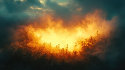 Fototapeta premium Aerial view showcasing a forest fire against a dramatic sky, highlighting the intense flames and smoke amidst the greenery below.