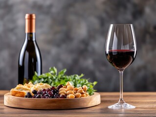 Elegant wine and cheese pairing with red wine bottle grapes assorted cheeses and crackers on rustic wooden table for gourmet dining and sophisticated culinary experience