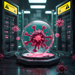 Set within a moody cyberpunk lab, the environment pulses with neon-green warning alerts flashing across futuristic monitors. 