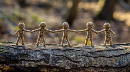 Naklejka premium Twine Unity: Five Figures Holding Hands - Five small twine figures joined hands, symbolizing unity, friendship, community, support