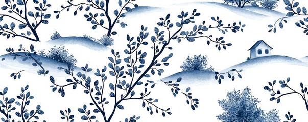 A serene landscape pattern featuring delicate leaves and a quaint house.