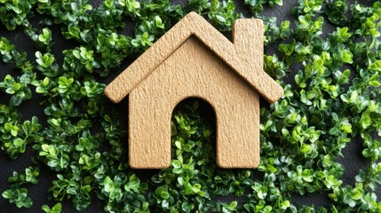 A close-up view of a wooden house nestled among vibrant green plants, highlighting nature's harmony with human craftsmanship.