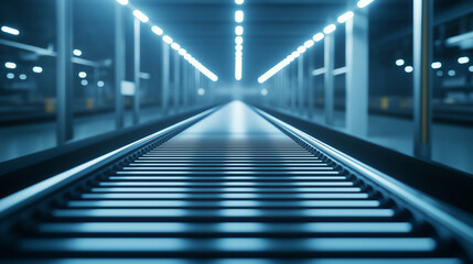 Obraz premium A state-of-the-art industrial roller conveyor system stretches across a modern factory floor. The gleaming metal rollers and sturdy frame reflect bright overhead lighting, emphasiz