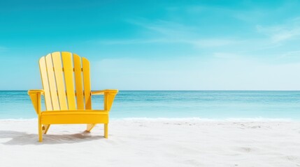 A charming yellow Adirondack chair graces a sandy beach, inviting relaxation against the serene backdrop of the sparkling ocean and clear blue sky.