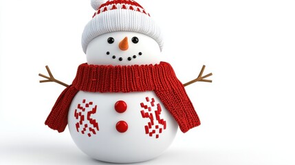 Cheerful snowman wearing a red knitted scarf and hat against a white background. Perfect for winter or holiday themes