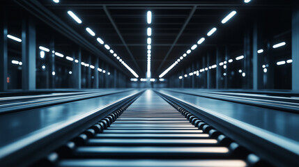 A futuristic industrial roller conveyor system illuminated by overhead lights. The sleek metal rollers move toward an automated sorting station in a high-tech production facility.
