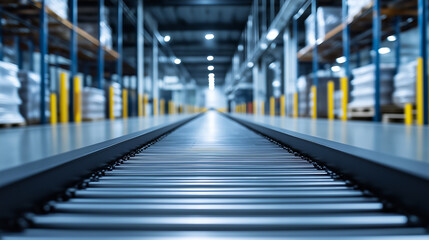 Obraz premium A clean, empty roller conveyor system in a modern logistics center. The organized layout and advanced automation highlight the efficiency of warehouse sorting technology.