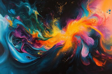 Vibrant Cosmic Fusion - A mesmerizing abstract artwork depicting a vibrant fusion of colors, swirling and colliding in a cosmic dance