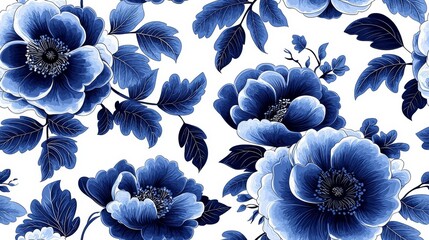 Beautiful blue floral pattern featuring various blooming flowers and lush green leaves.