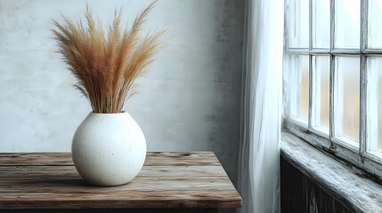 Rustic White Vase With Dried Flowers Near Window