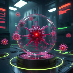 Set within a moody cyberpunk lab, the environment pulses with neon-green warning alerts flashing across futuristic monitors. 