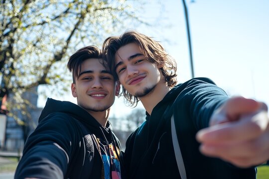 Joyful Springtime Selfie of Two Young Male Friends in Dark Hoodies Under Blooming Trees on a Sunny Day