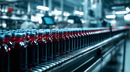 A fully automated juice bottling production line in action, with rows of neatly sealed glass bottles moving rapidly along a conveyor. Advanced machinery and quality control sensors