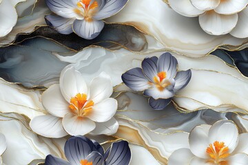 Elegant floral pattern with vibrant blooms against a marbled background.
